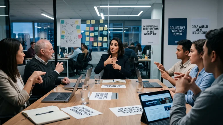 A professional Deaf woman signing passionately in a busy corporate boardroom, addressing corporate auditory bias barriers through direct executive leadership.