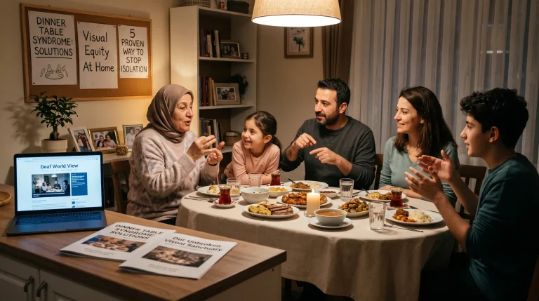 A multi-generational family actively communicating through visual sign language during a meal, implementing dinner table syndrome solutions to foster inclusive domestic communication.